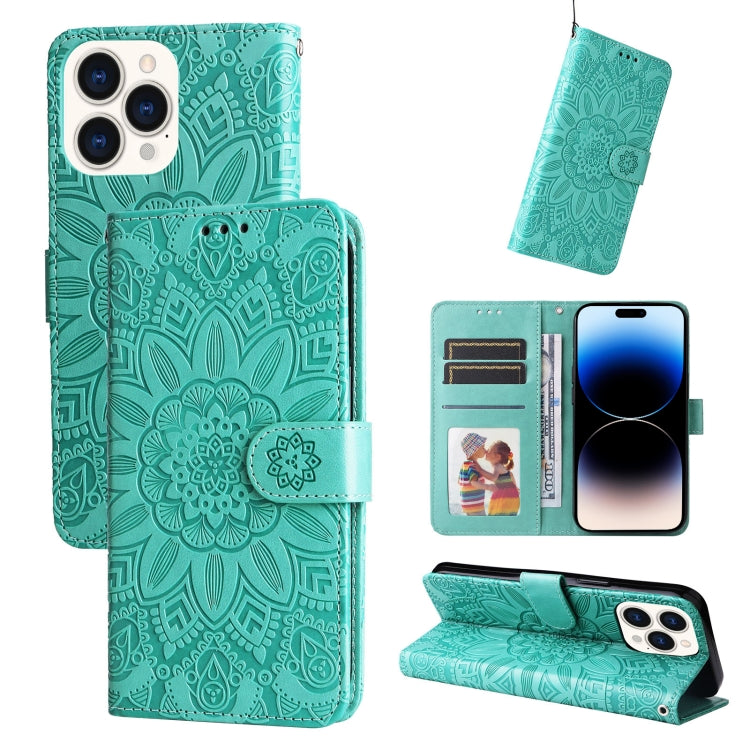 For iPhone 14 Pro Embossed Sunflower Leather Phone Case