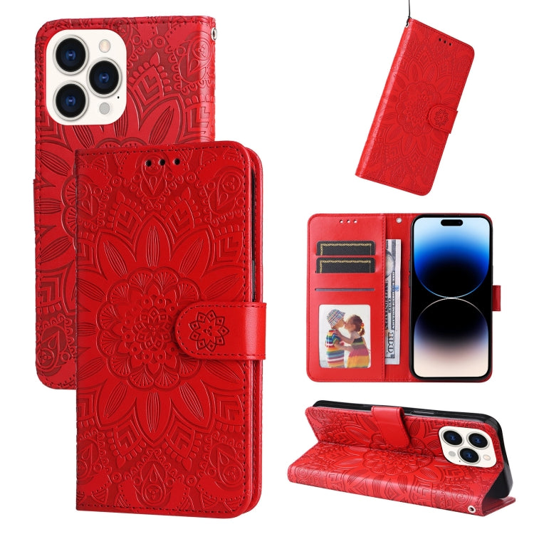 For iPhone 14 Pro Embossed Sunflower Leather Phone Case