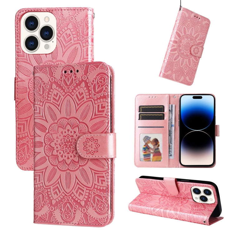 For iPhone 14 Pro Max Embossed Sunflower Leather Phone Case