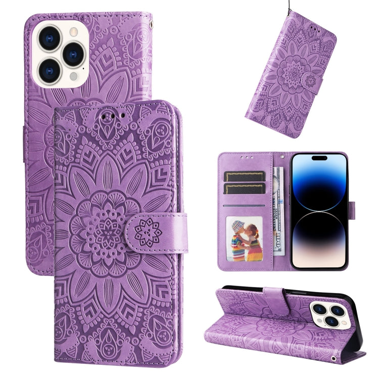 For iPhone 14 Pro Max Embossed Sunflower Leather Phone Case