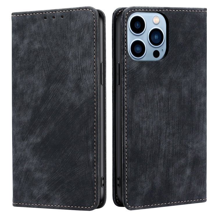 For iPhone 13 Pro RFID Anti-theft Brush Magnetic Leather Phone Case