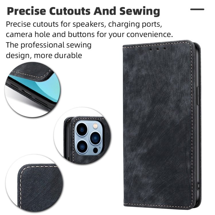 For iPhone 13 Pro RFID Anti-theft Brush Magnetic Leather Phone Case