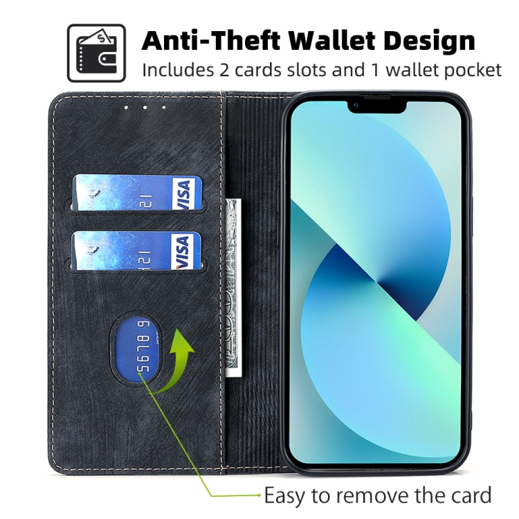 For iPhone 13 Pro RFID Anti-theft Brush Magnetic Leather Phone Case