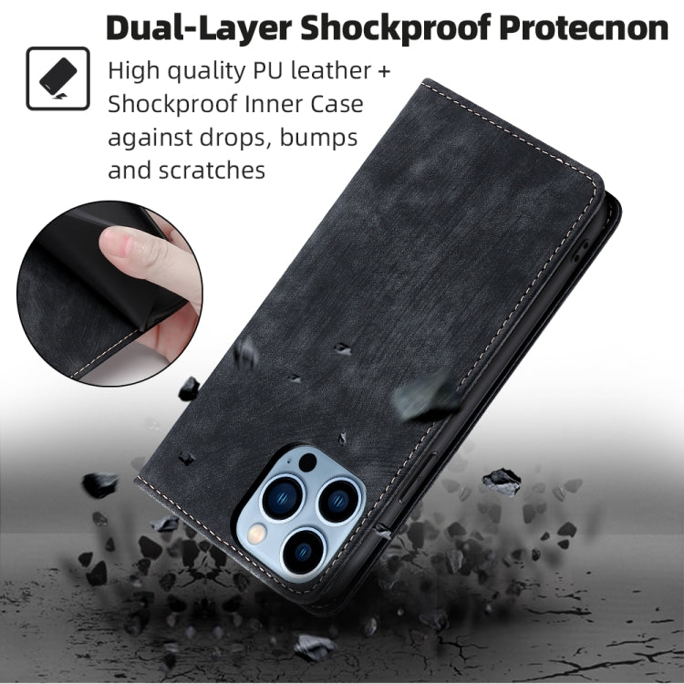 For iPhone 13 Pro RFID Anti-theft Brush Magnetic Leather Phone Case