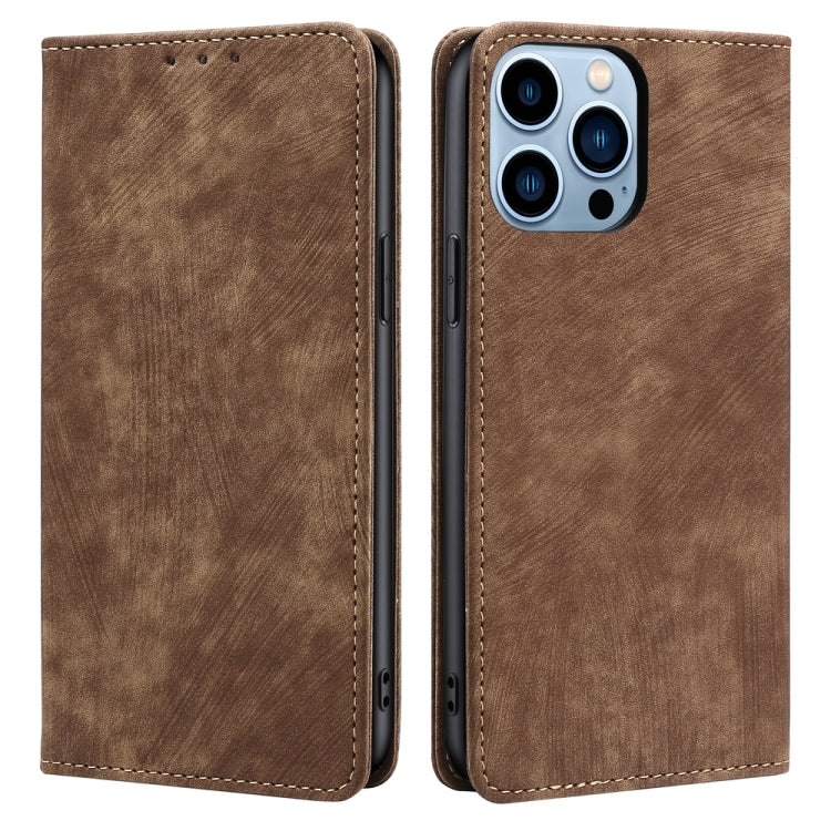 For iPhone 13 Pro RFID Anti-theft Brush Magnetic Leather Phone Case