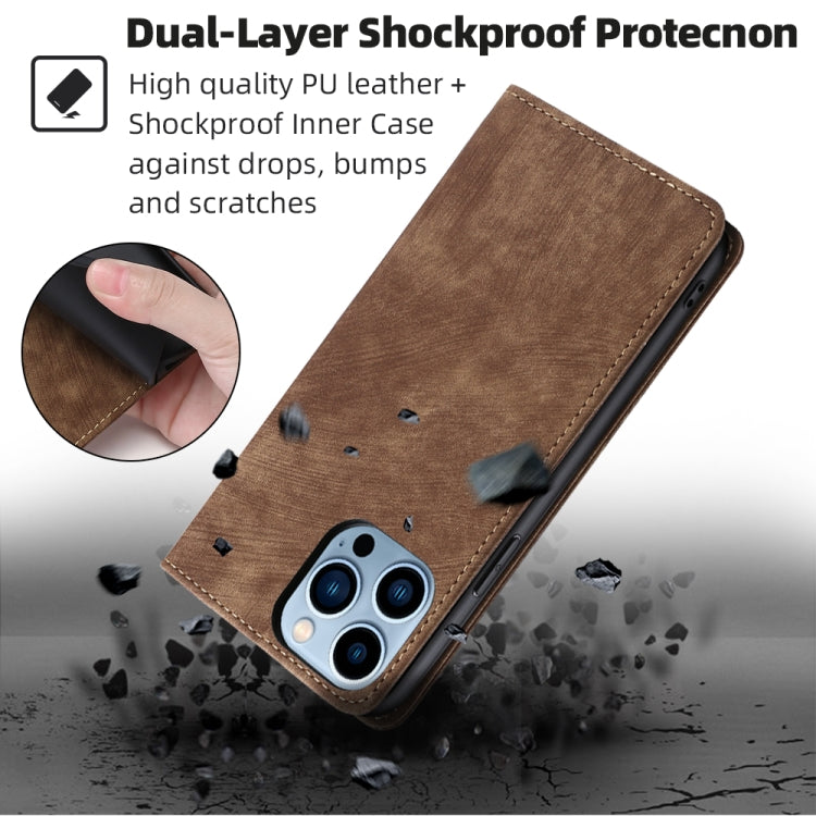 For iPhone 13 Pro RFID Anti-theft Brush Magnetic Leather Phone Case