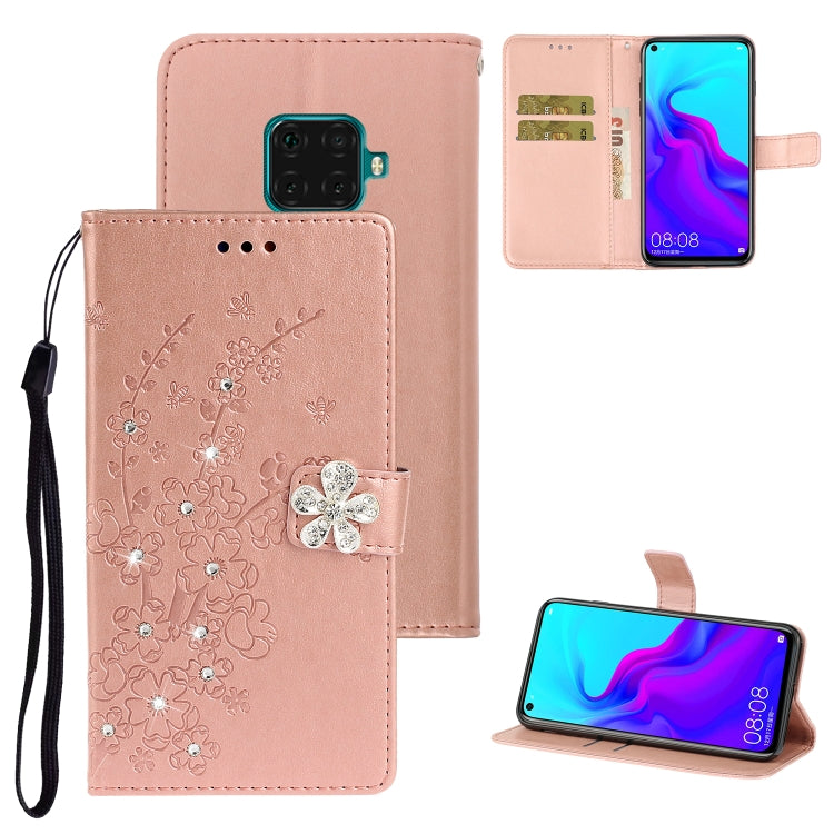 For Huawei Mate 30 Lite Plum Blossom Pattern Diamond Encrusted Leather Case with Holder & Card Slots & Wallet