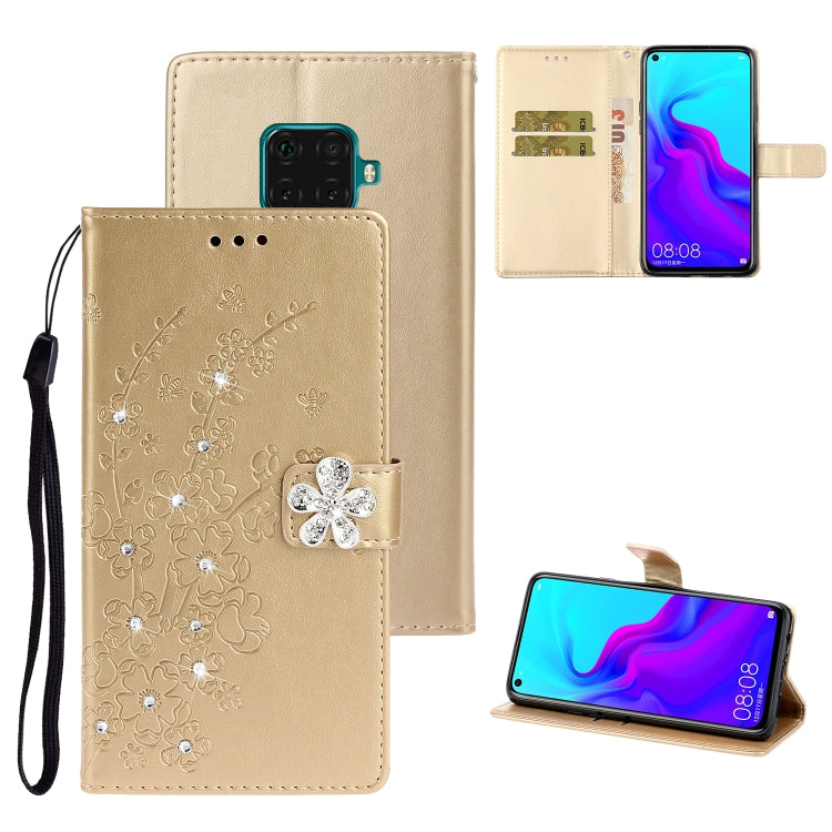 For Huawei Mate 30 Lite Plum Blossom Pattern Diamond Encrusted Leather Case with Holder & Card Slots & Wallet