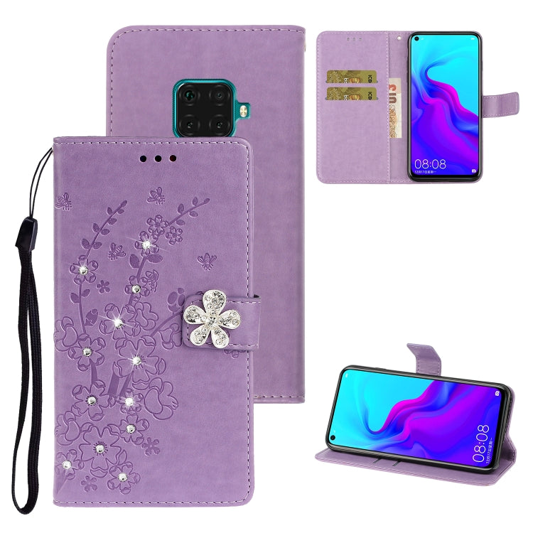 For Huawei Mate 30 Lite Plum Blossom Pattern Diamond Encrusted Leather Case with Holder & Card Slots & Wallet