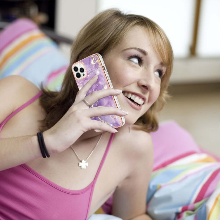 For iPhone 14 Pro Max Electroplating Marble Pattern Dual-side IMD TPU Shockproof Phone Case