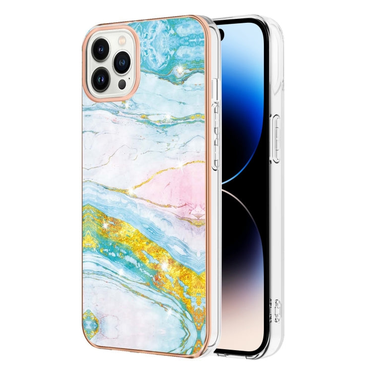 For iPhone 14 Pro Max Electroplating Marble Pattern Dual-side IMD TPU Shockproof Phone Case