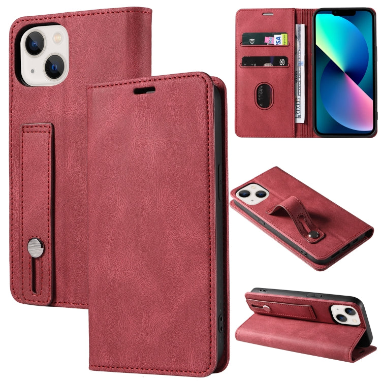 For iPhone 13 Wristband Magnetic Leather Phone Case