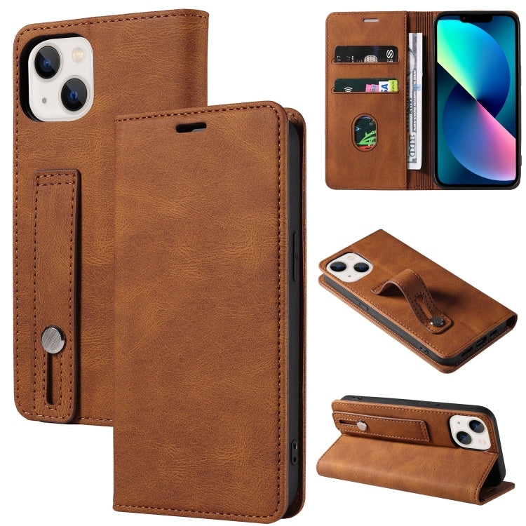 For iPhone 13 Wristband Magnetic Leather Phone Case