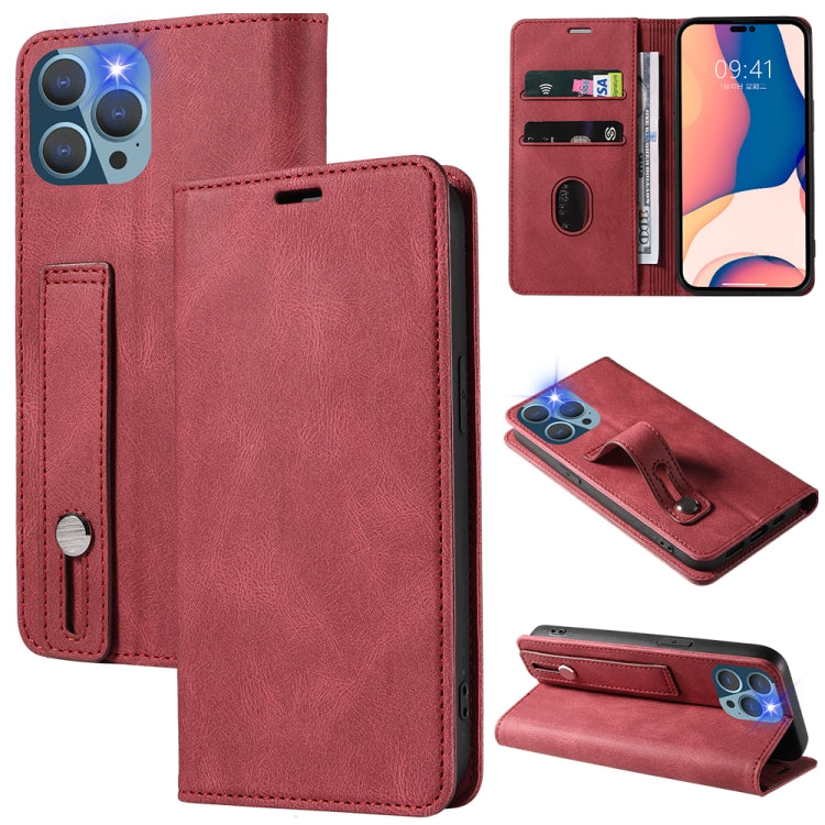 For iPhone 13 Pro Max Wristband Magnetic Leather Phone Case