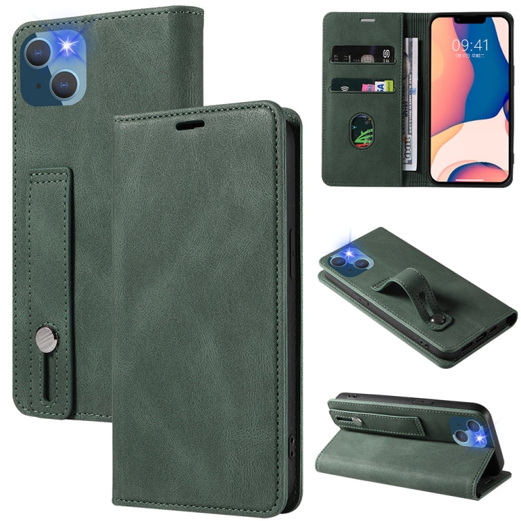 For iPhone 14 Wristband Magnetic Leather Phone Case