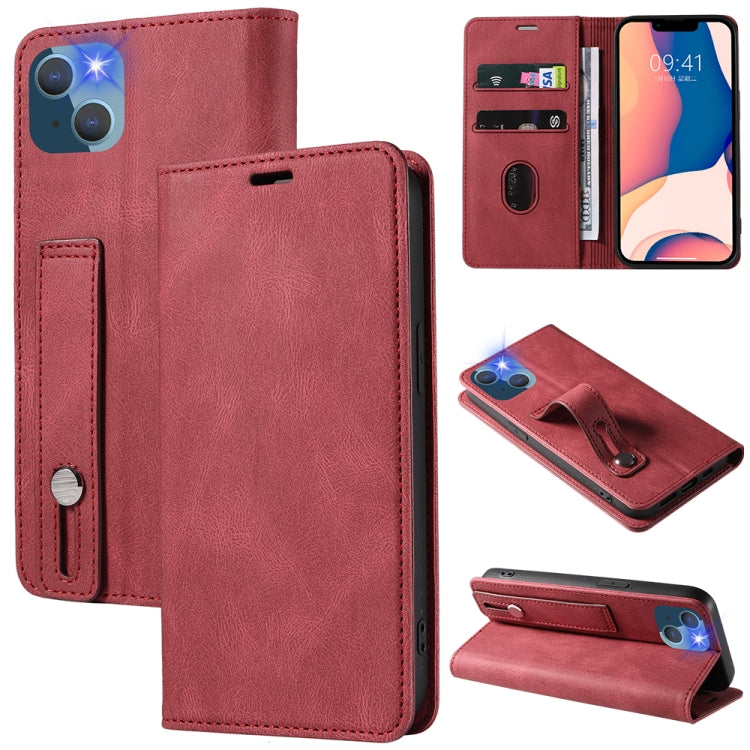 For iPhone 14 Wristband Magnetic Leather Phone Case