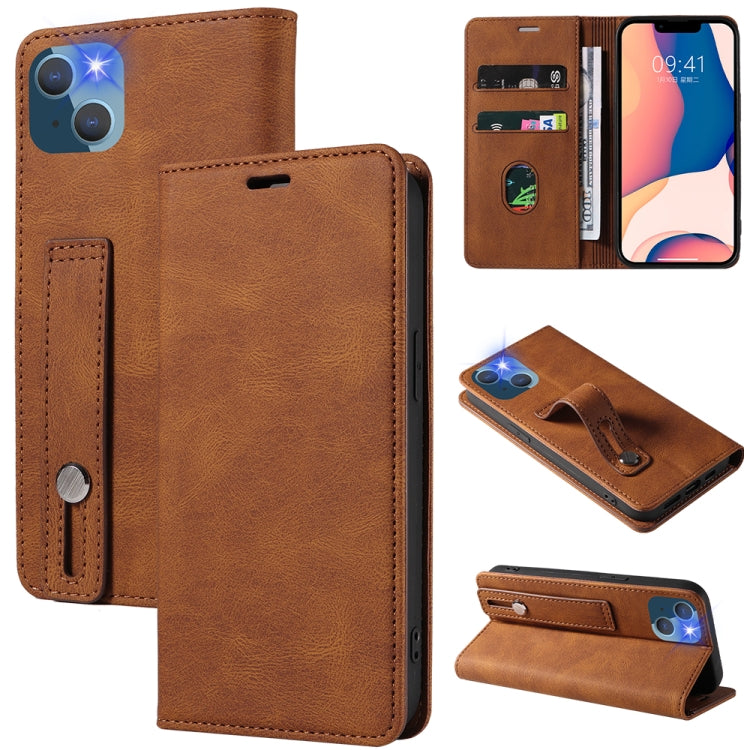 For iPhone 14 Wristband Magnetic Leather Phone Case