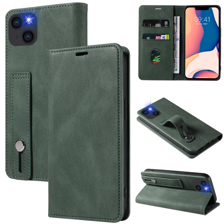 For iPhone 14 Plus Wristband Magnetic Leather Phone Case