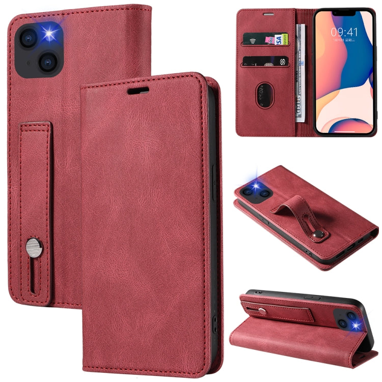 For iPhone 14 Plus Wristband Magnetic Leather Phone Case