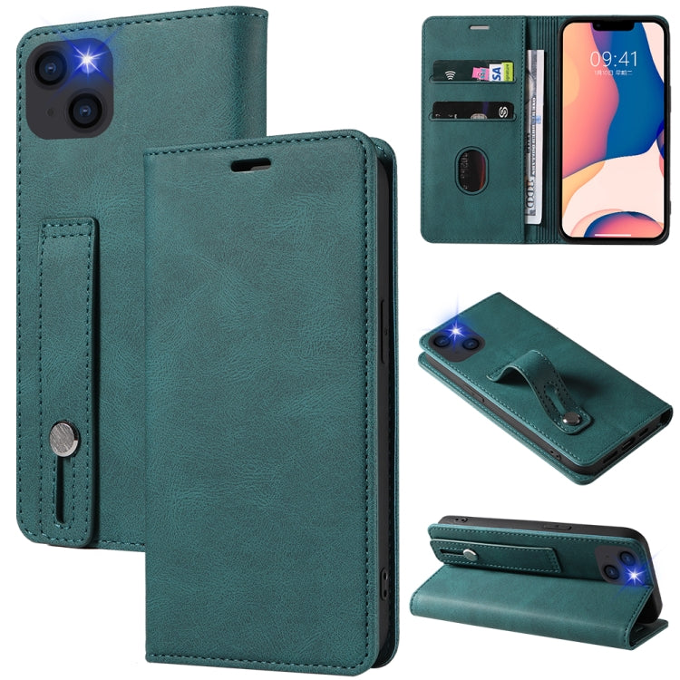 For iPhone 14 Plus Wristband Magnetic Leather Phone Case