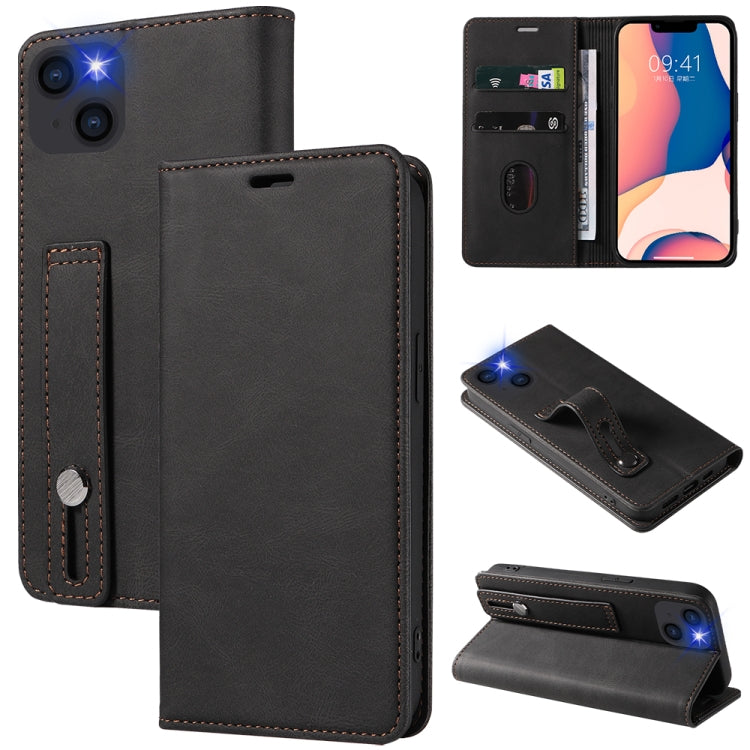 For iPhone 14 Plus Wristband Magnetic Leather Phone Case