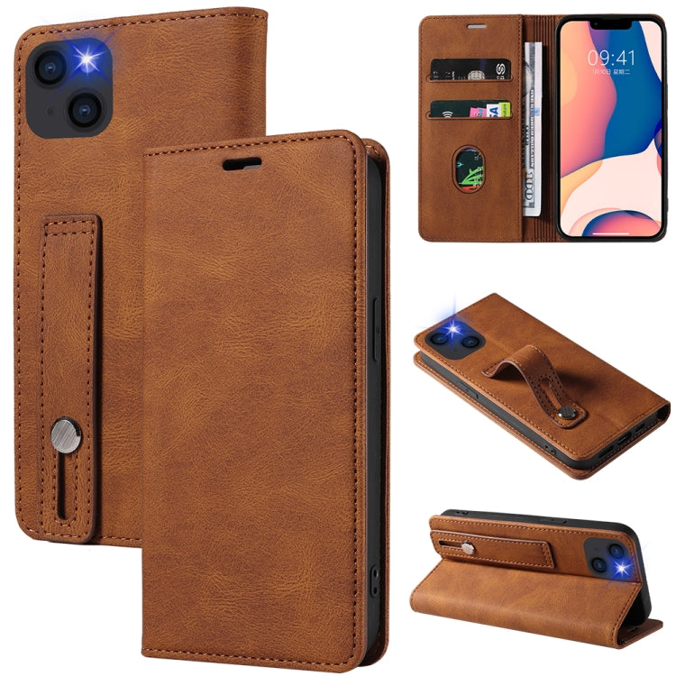 For iPhone 14 Plus Wristband Magnetic Leather Phone Case