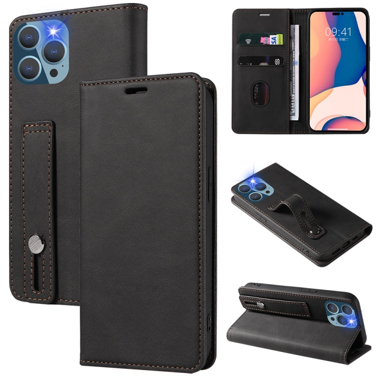 For iPhone 14 Pro Max Wristband Magnetic Leather Phone Case
