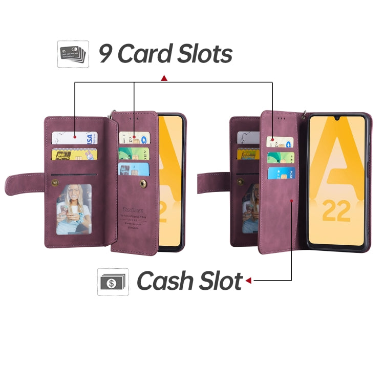 For Samsung Galaxy A22 4G 9 Card Slots Splicing Magnetic Leather Flip Phone Case(Wine Red)