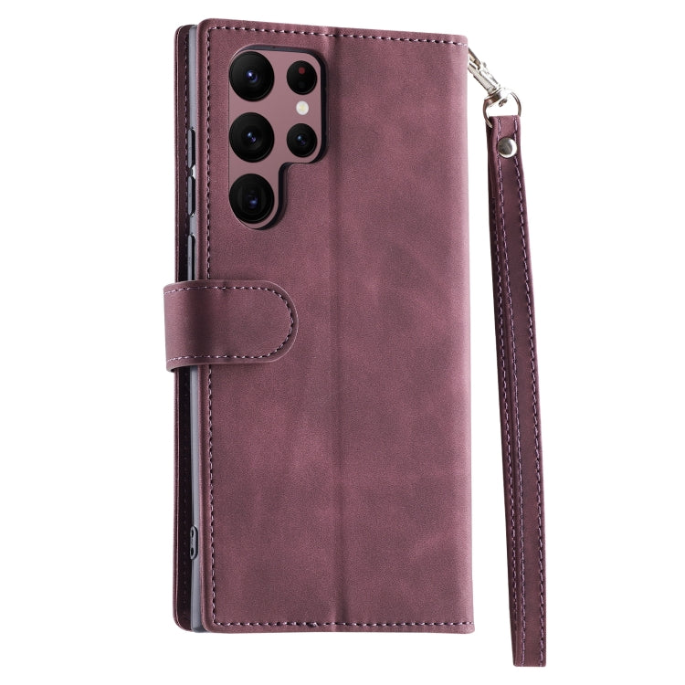 For Samsung Galaxy S22 Ultra 5G 9 Card Slots Splicing Magnetic Leather Flip Phone Case(Wine Red)