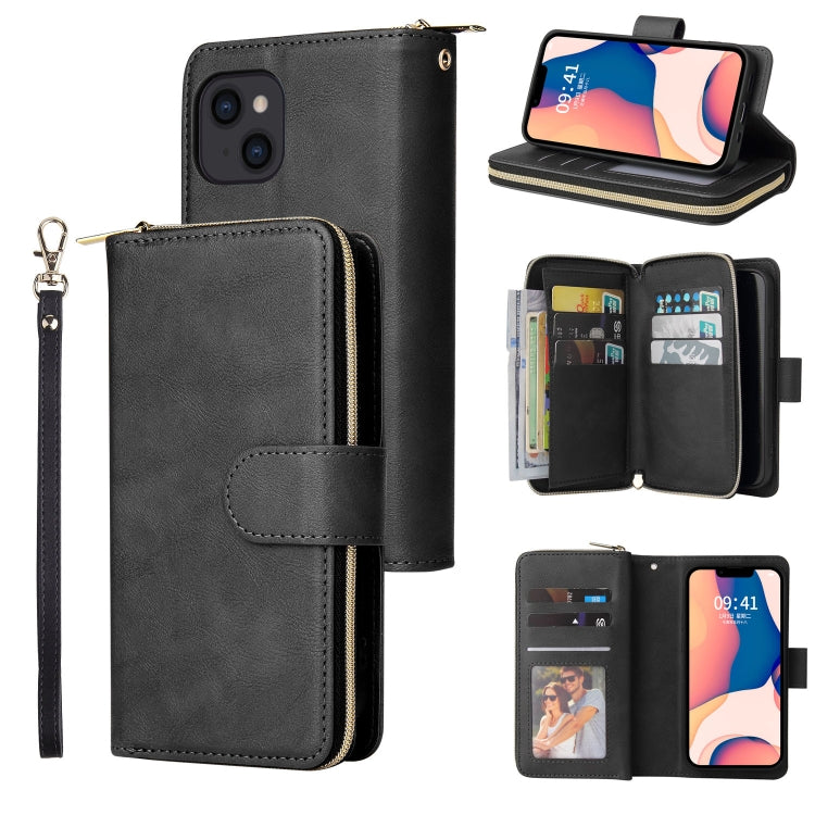 For iPhone 14 9 Card Slots Zipper Wallet Bag Leather Phone Case