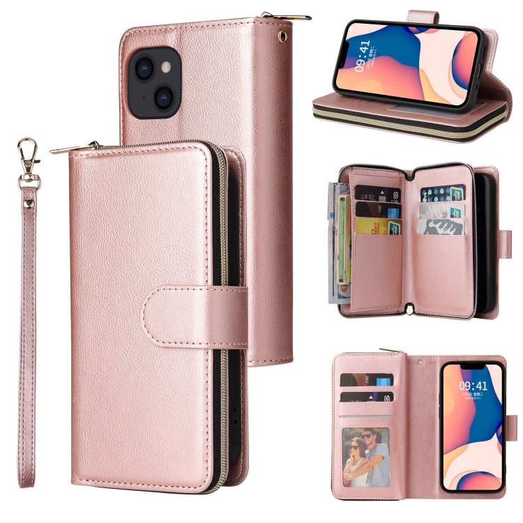 For iPhone 14 9 Card Slots Zipper Wallet Bag Leather Phone Case