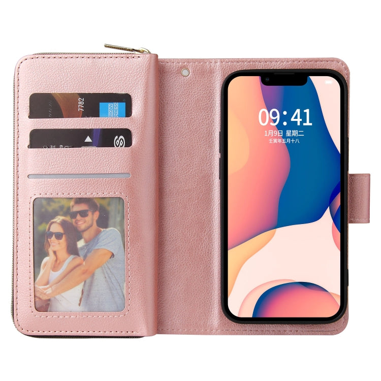 For iPhone 14 9 Card Slots Zipper Wallet Bag Leather Phone Case