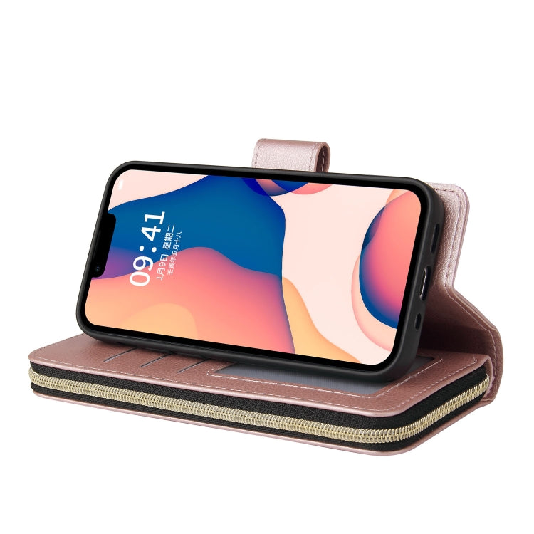 For iPhone 14 9 Card Slots Zipper Wallet Bag Leather Phone Case
