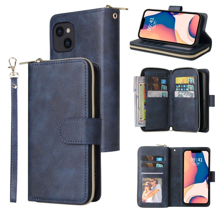 For iPhone 14 9 Card Slots Zipper Wallet Bag Leather Phone Case