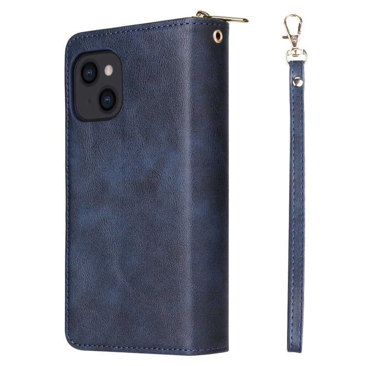 For iPhone 14 9 Card Slots Zipper Wallet Bag Leather Phone Case