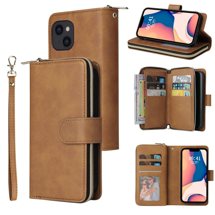 For iPhone 14 9 Card Slots Zipper Wallet Bag Leather Phone Case