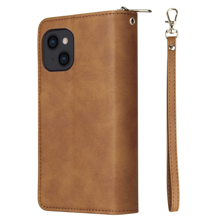For iPhone 14 9 Card Slots Zipper Wallet Bag Leather Phone Case