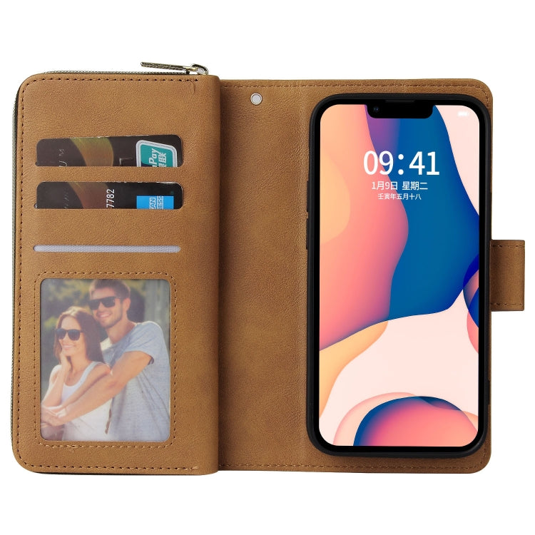 For iPhone 14 9 Card Slots Zipper Wallet Bag Leather Phone Case