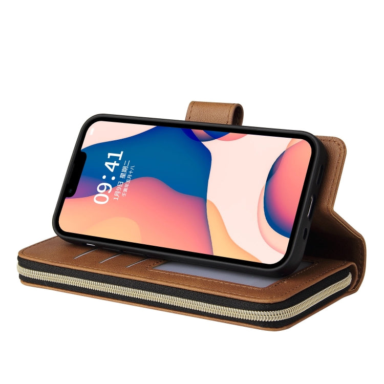 For iPhone 14 9 Card Slots Zipper Wallet Bag Leather Phone Case