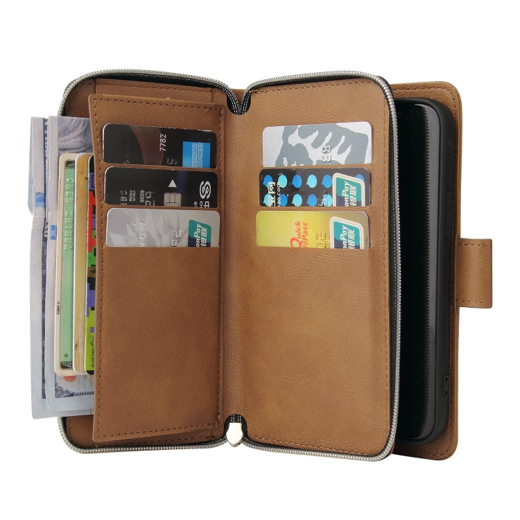 For iPhone 14 9 Card Slots Zipper Wallet Bag Leather Phone Case