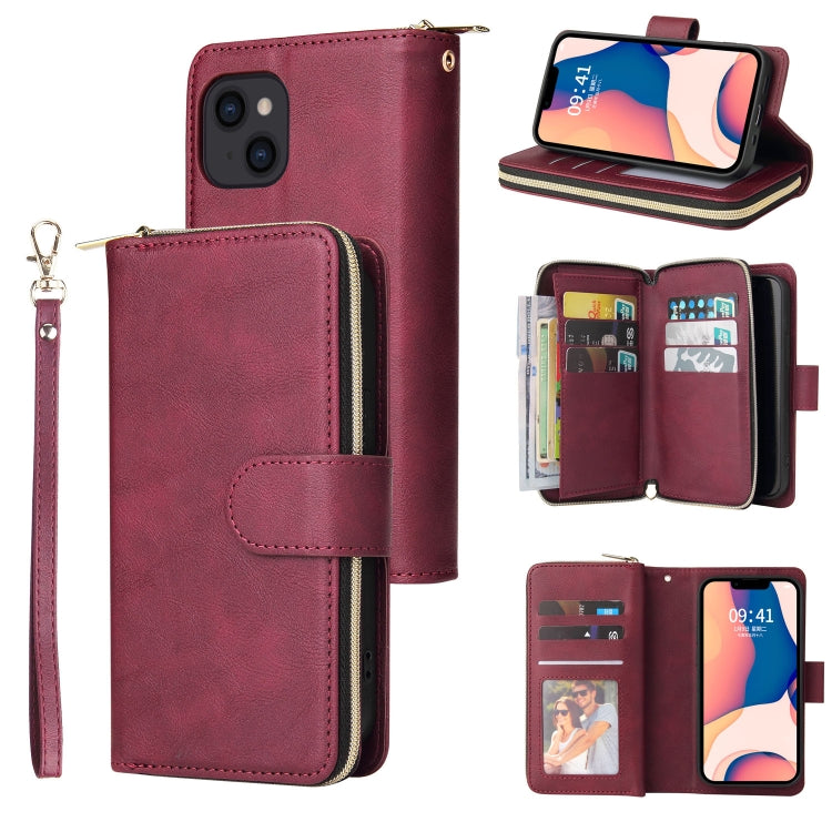 For iPhone 14 9 Card Slots Zipper Wallet Bag Leather Phone Case