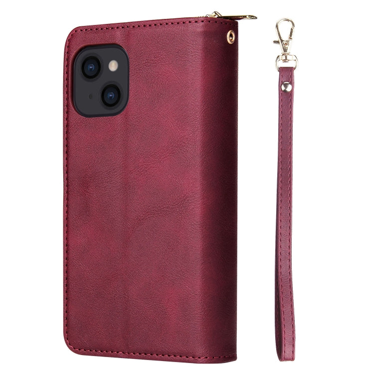 For iPhone 14 9 Card Slots Zipper Wallet Bag Leather Phone Case