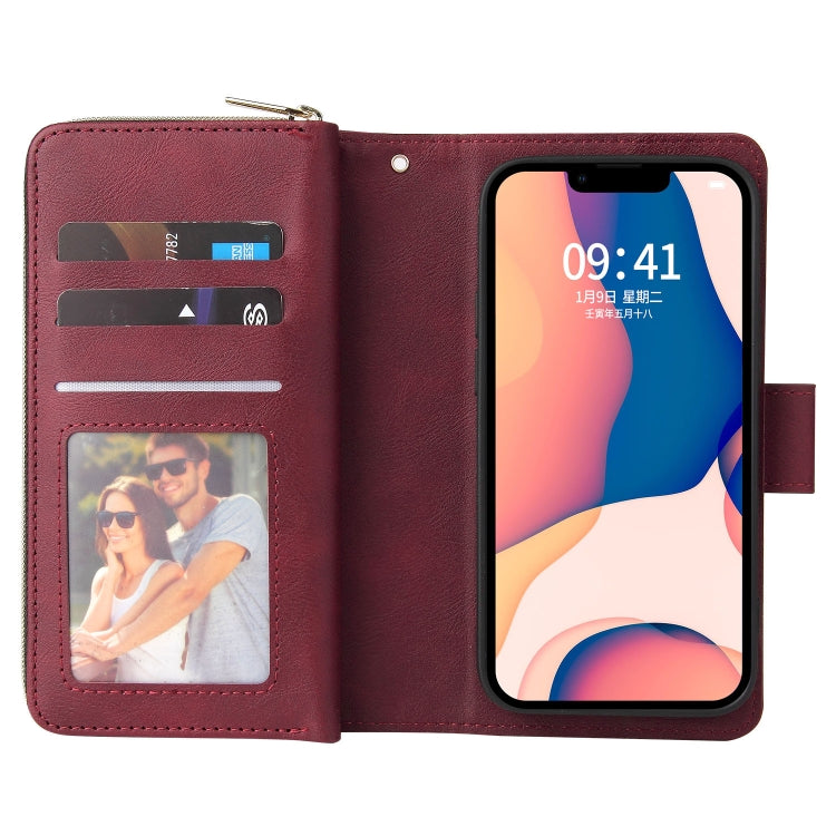 For iPhone 14 9 Card Slots Zipper Wallet Bag Leather Phone Case