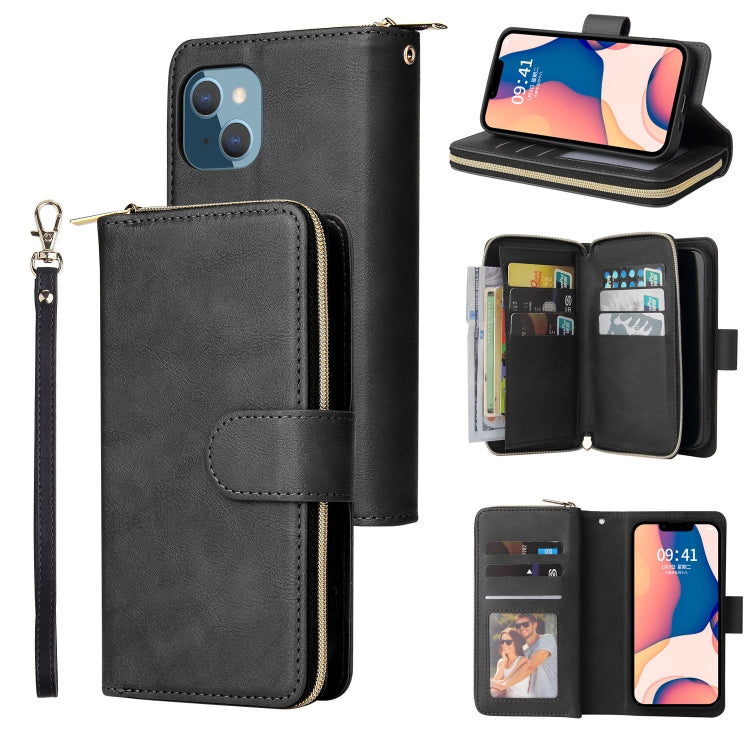 For iPhone 14 Plus 9 Card Slots Zipper Wallet Bag Leather Phone Case