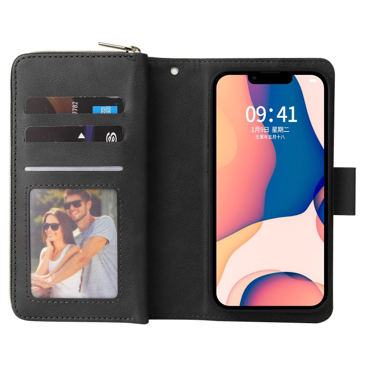 For iPhone 14 Plus 9 Card Slots Zipper Wallet Bag Leather Phone Case