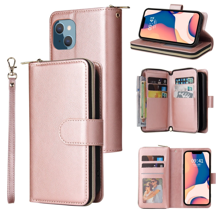 For iPhone 14 Plus 9 Card Slots Zipper Wallet Bag Leather Phone Case
