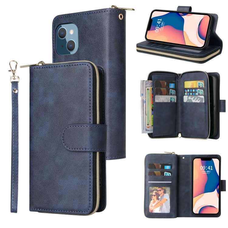 For iPhone 14 Plus 9 Card Slots Zipper Wallet Bag Leather Phone Case