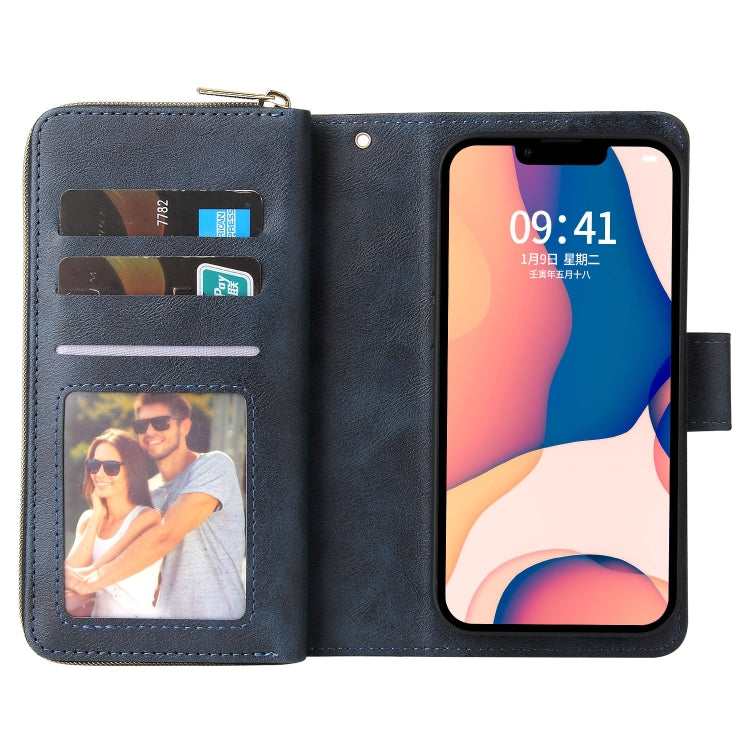 For iPhone 14 Plus 9 Card Slots Zipper Wallet Bag Leather Phone Case