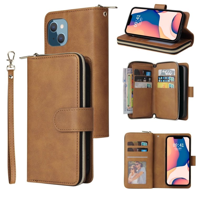For iPhone 14 Plus 9 Card Slots Zipper Wallet Bag Leather Phone Case