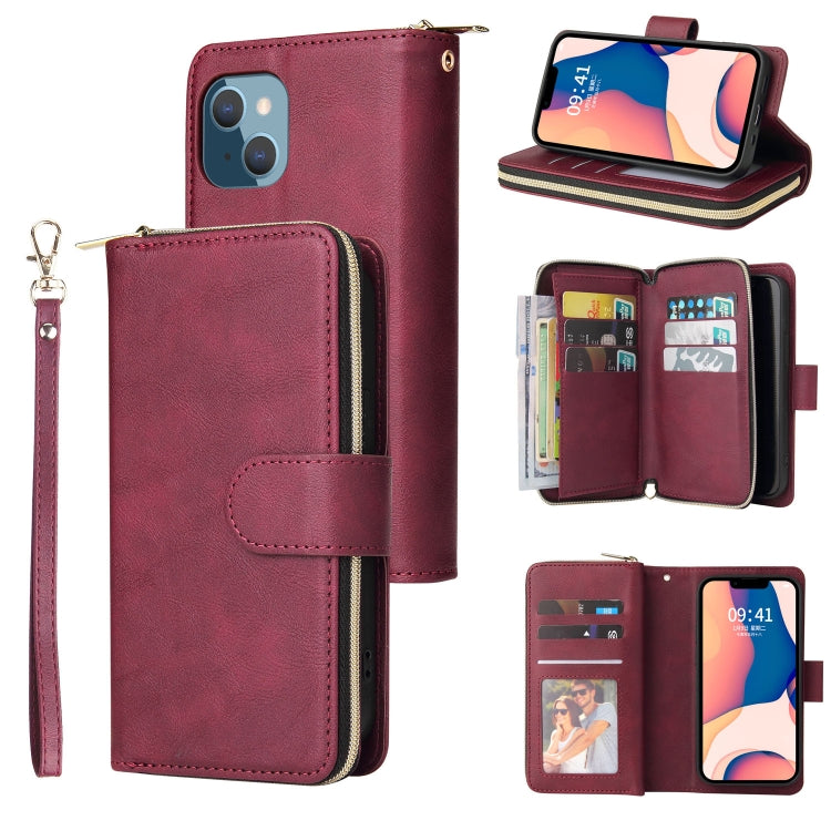 For iPhone 14 Plus 9 Card Slots Zipper Wallet Bag Leather Phone Case